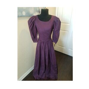Vintage Laura Ashley Womens Plum Floral Puff Sleeves Mixi Dress sz 12